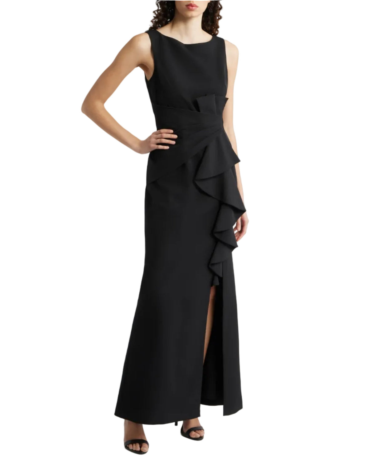 Eliza J Cascade Ruffle Sleeveless Gown