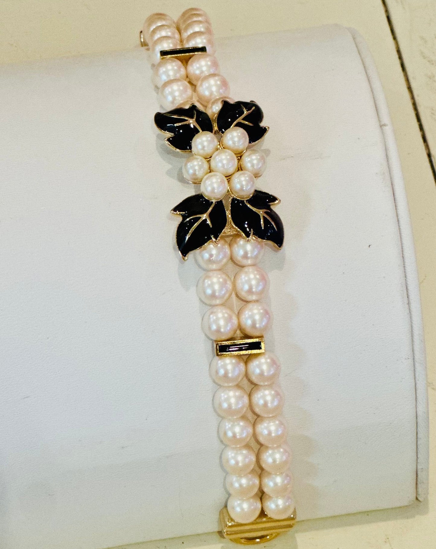 Vintage Black Enamel Floral Double-Strand Pearl Bracelet