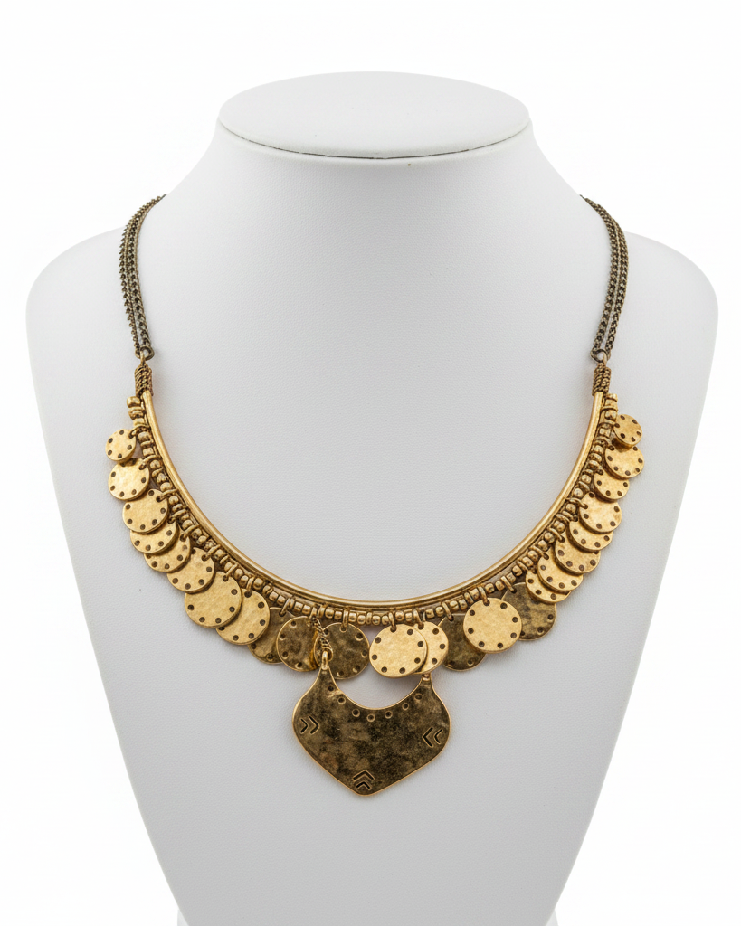 Heirloom Heart & Textured Coin Statement Bib Necklace