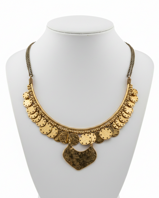 Heirloom Heart & Textured Coin Statement Bib Necklace