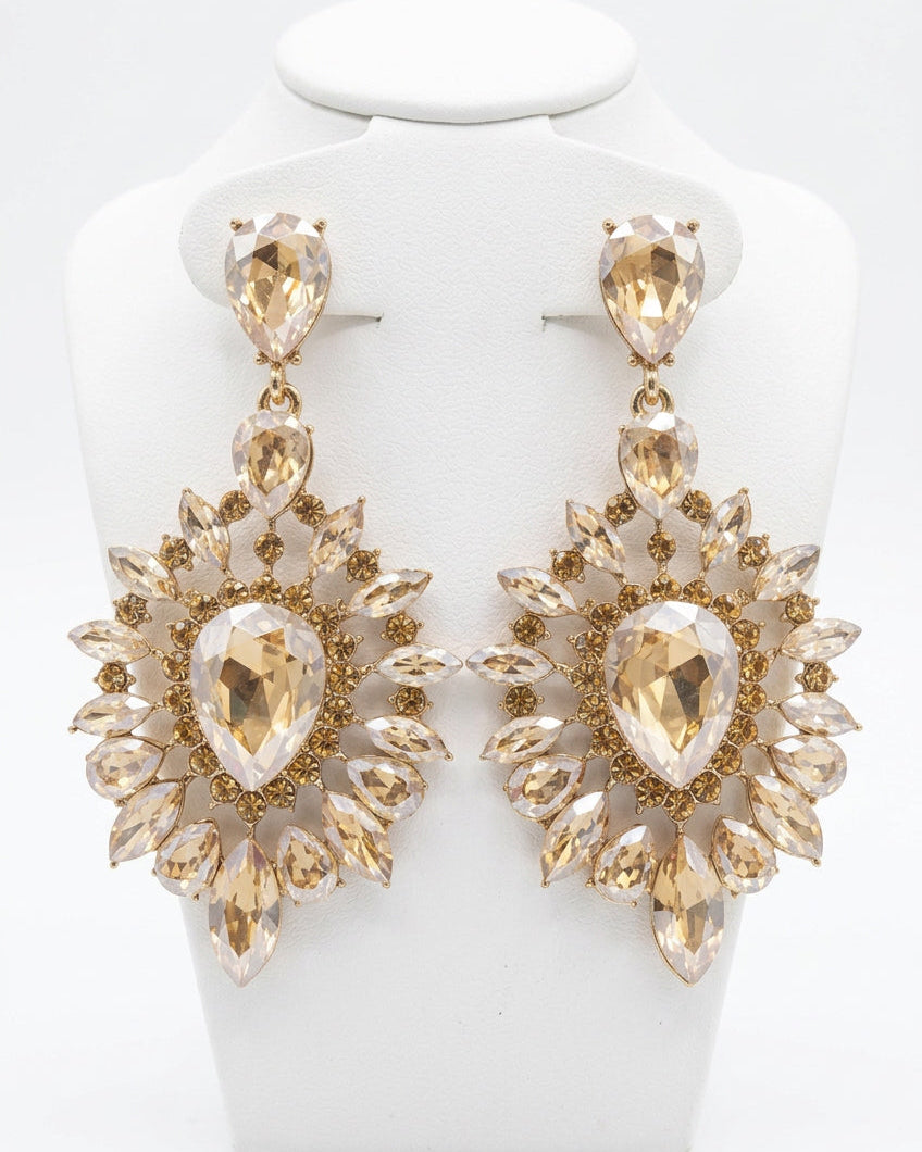 Champagne Crystal Teardrop Chandelier Statement Earrings