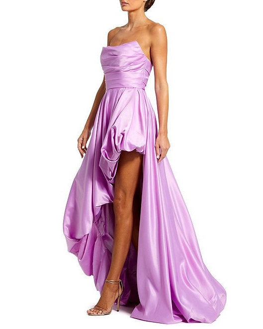 Purple Strapless Ruched High Low Gown