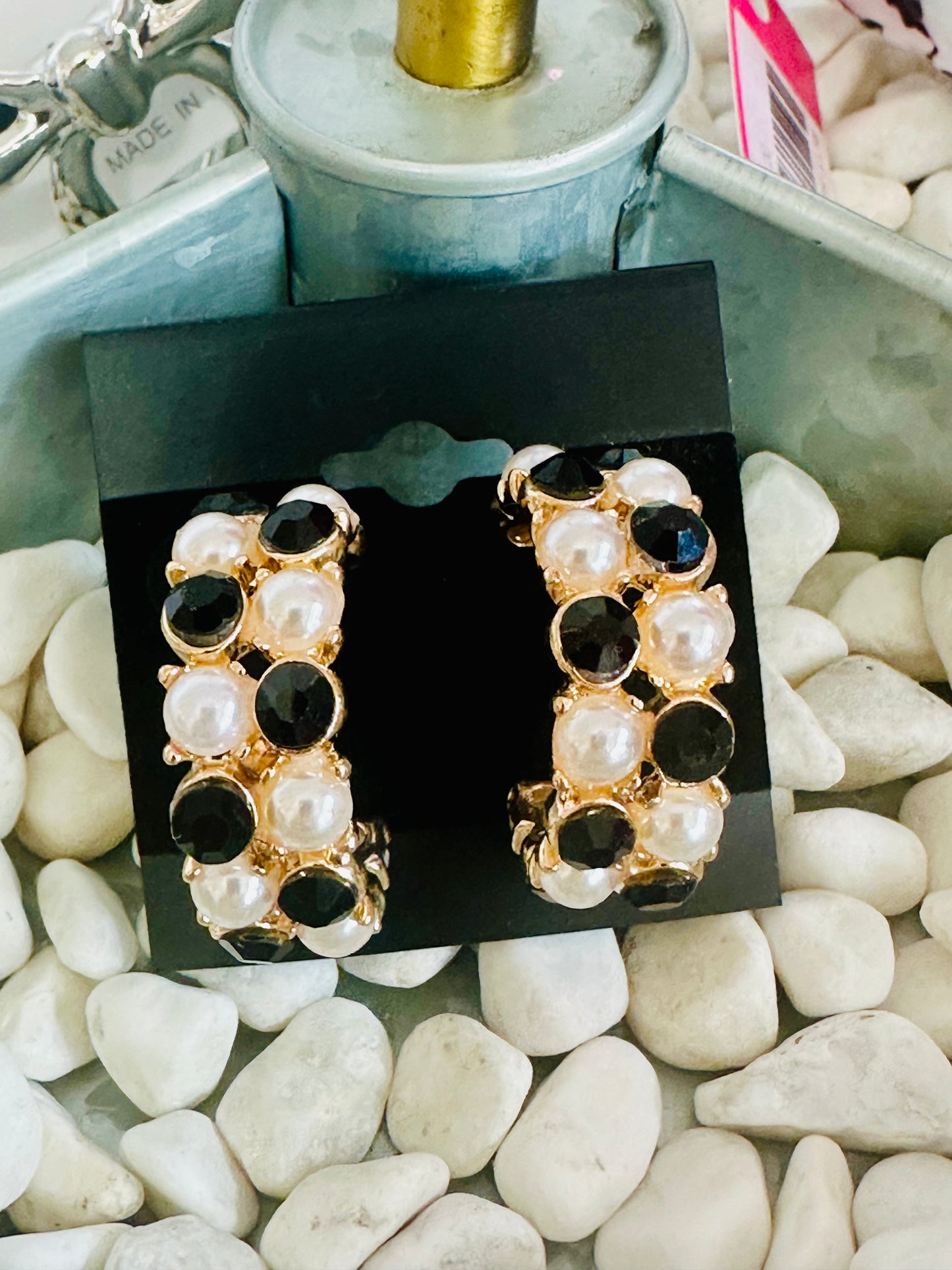 Vintage Pearl & Enamel Half-Hoops