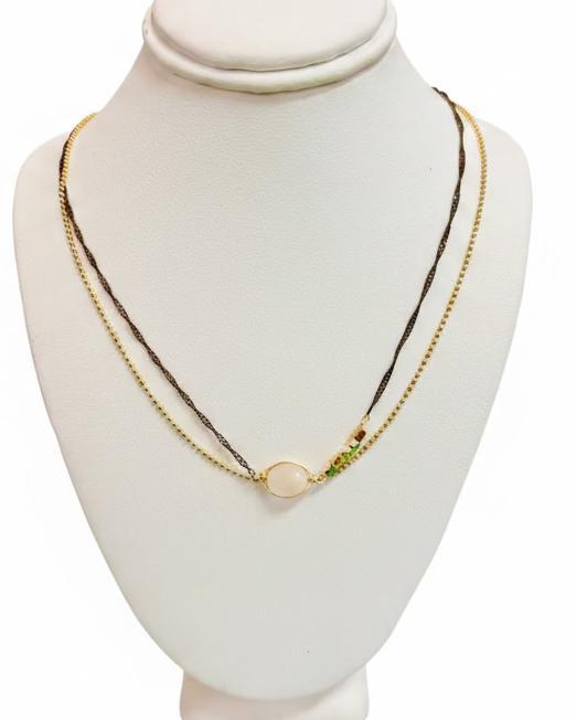 Vintage Two-Strand Beaded Cord Necklace with Cabochon Center