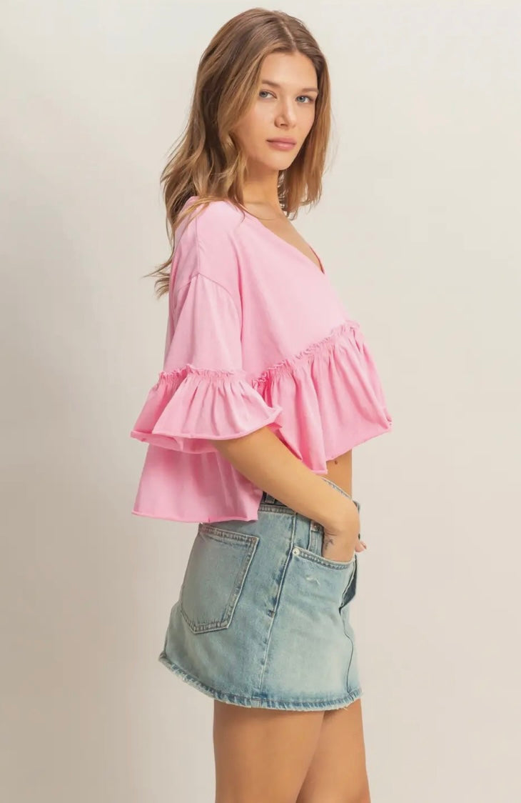 Pink V-Neck Ruffle Hem Top