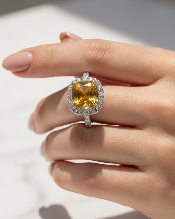 Mid-Century Glamour Canary Cushion Halo Ring