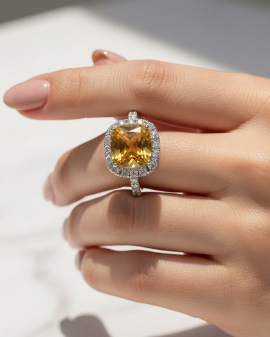 Mid-Century Glamour Canary Cushion Halo Ring