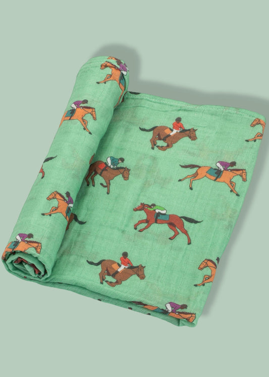 Derby Days Horse Racing Theme Baby Muslin Swaddle Blanket