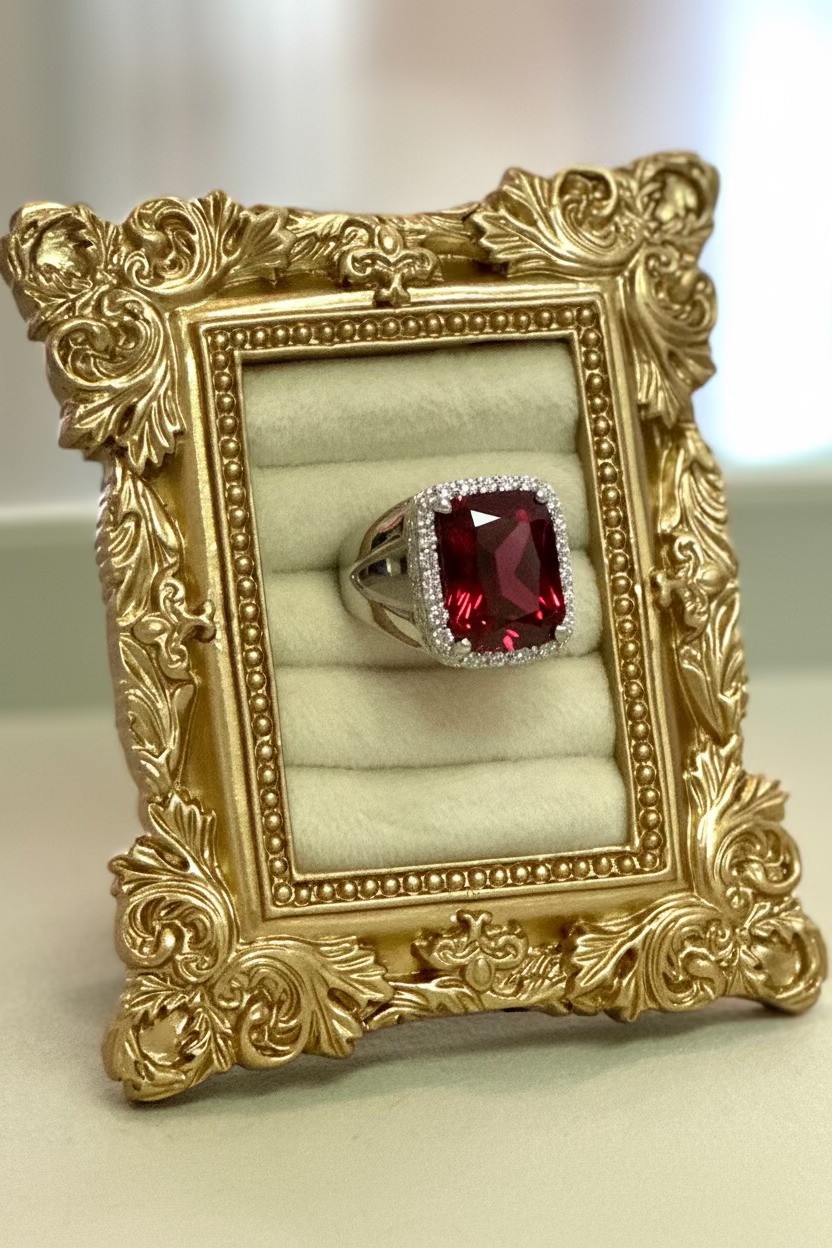 Vintage Deadstock Radiant-Cut Crimson Halo Cocktail Ring