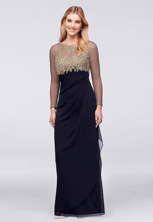 Illusion Long Sleeve Lace and Matte Jersey Gown