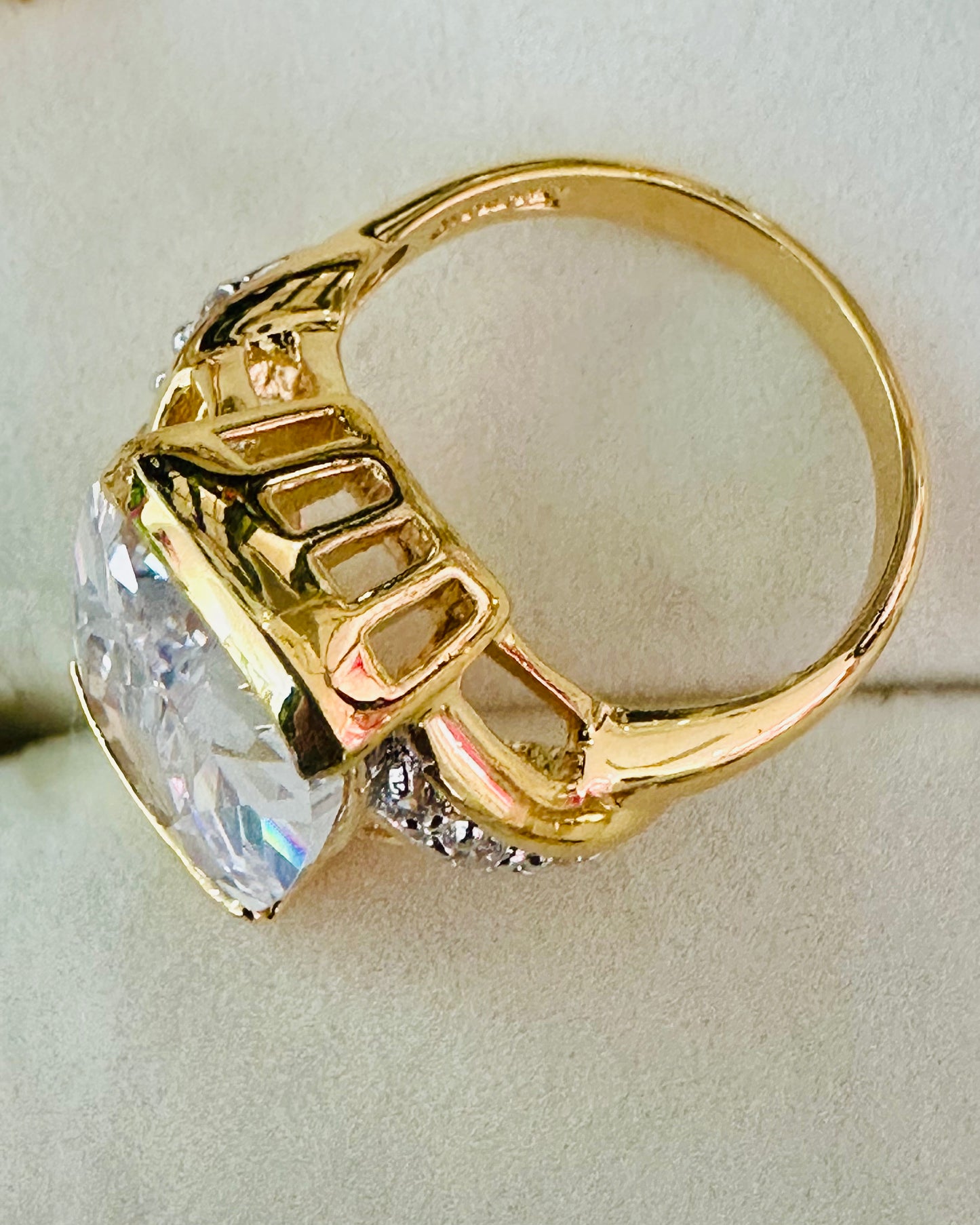Vintage 18K Gold Cushion-Cut CZ Cocktail Ring