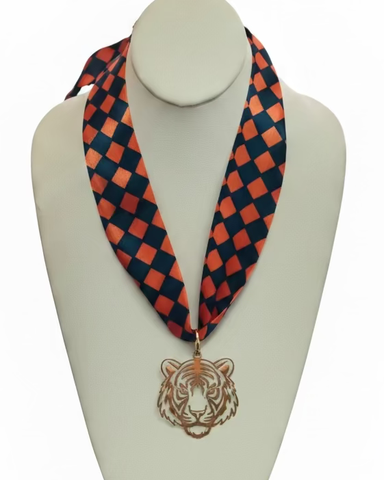 Orange & Navy Check Tiger Head Ribbon Necklace