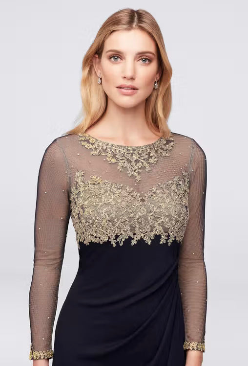 Illusion Long Sleeve Lace and Matte Jersey Gown