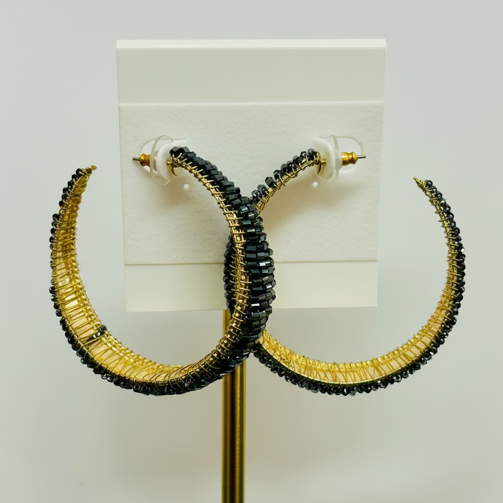 Vintage Midnight Enamel & Rhinestone 2 Way C-Hoop Earrings