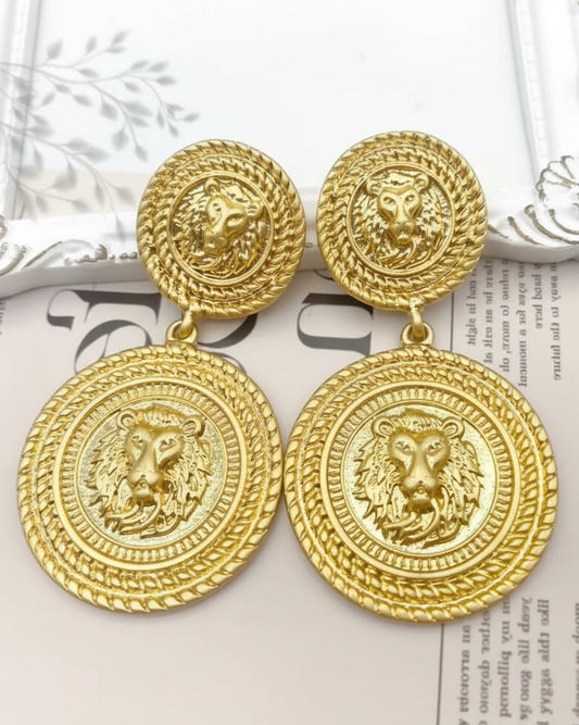 Lion Gold Medallion Drop Earrings
