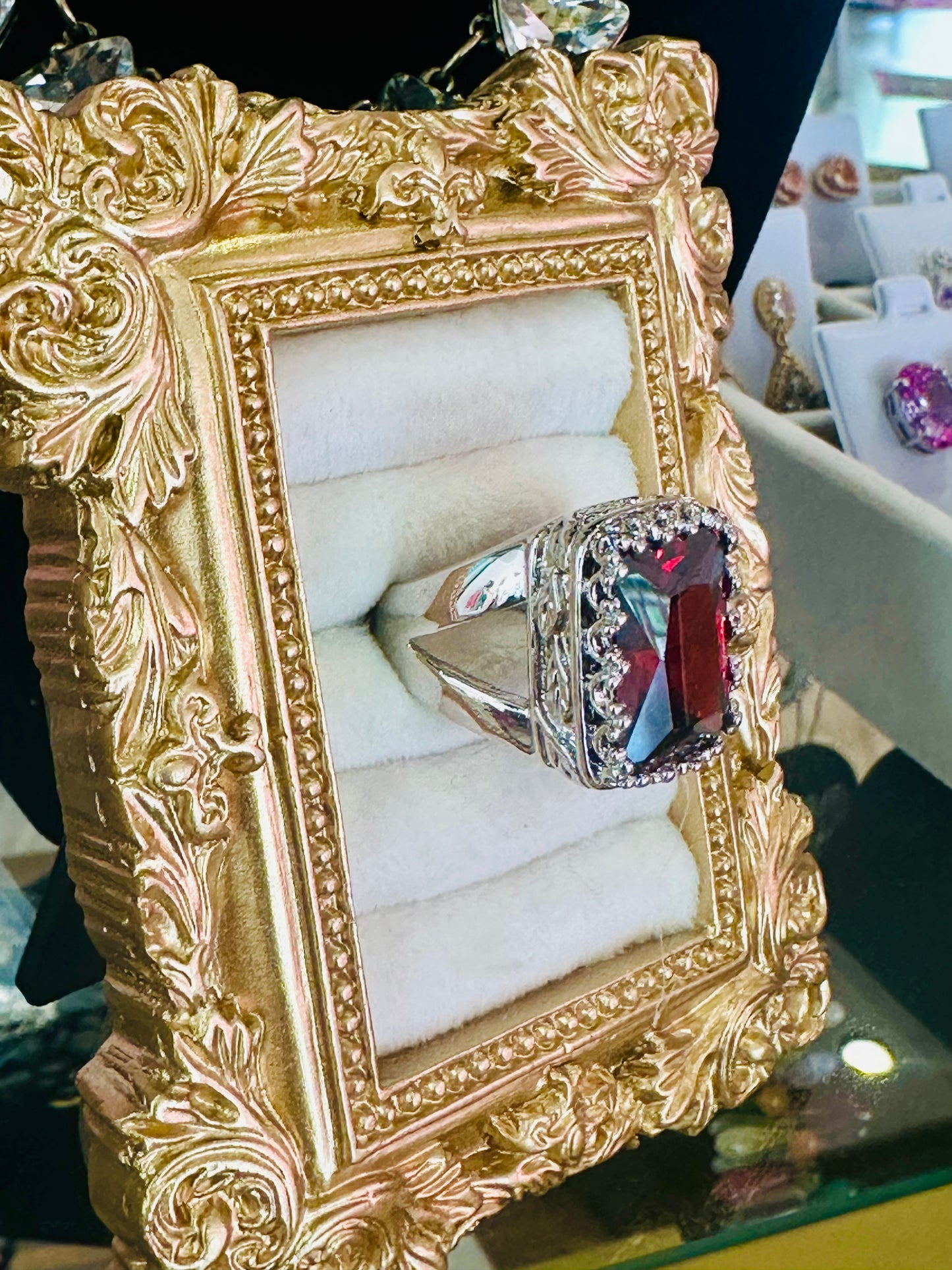 Vintage Deadstock Radiant-Cut Crimson Halo Cocktail Ring