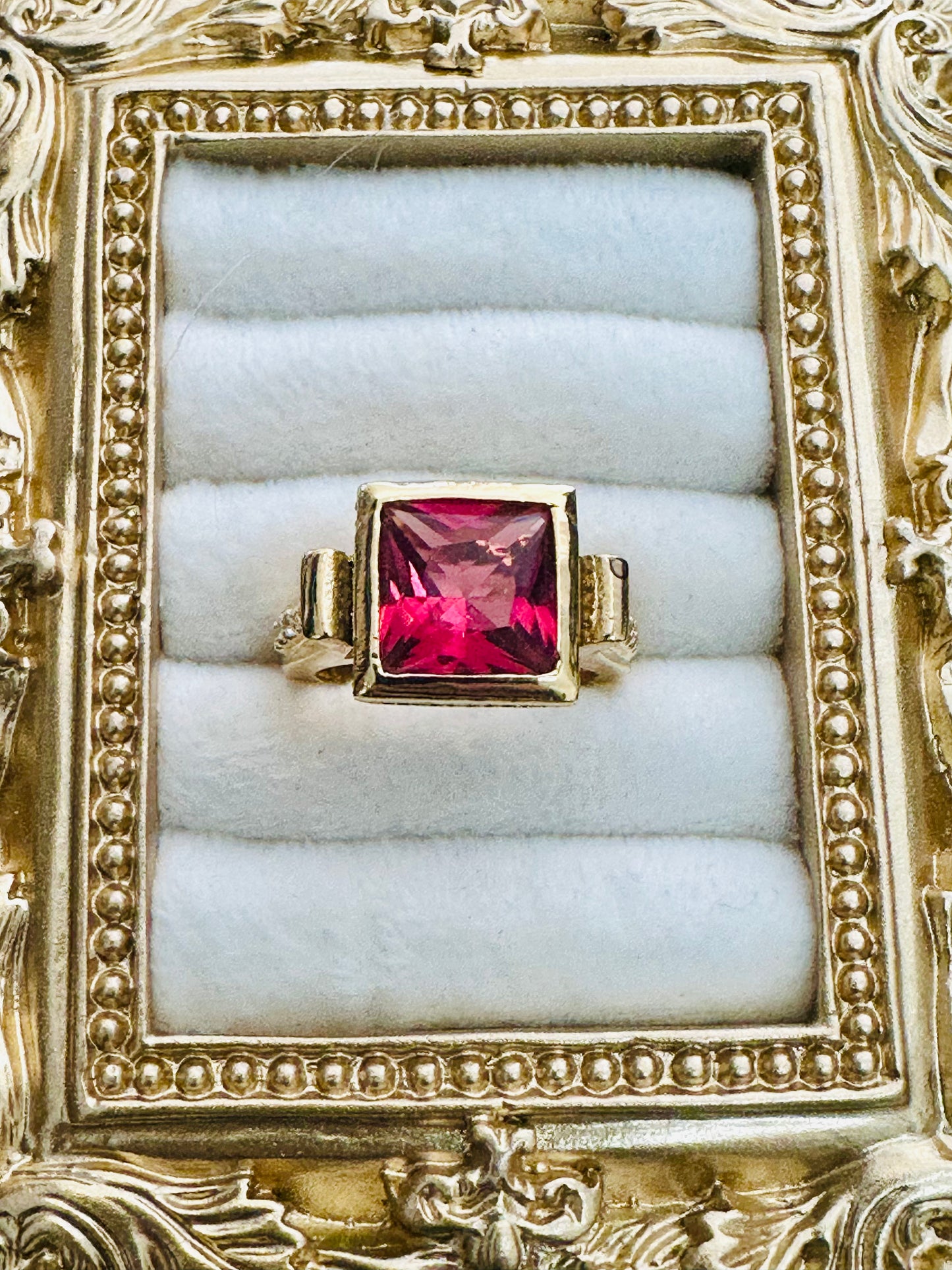 Vintage Crimson Princess-Cut Bezel Cocktail Ring