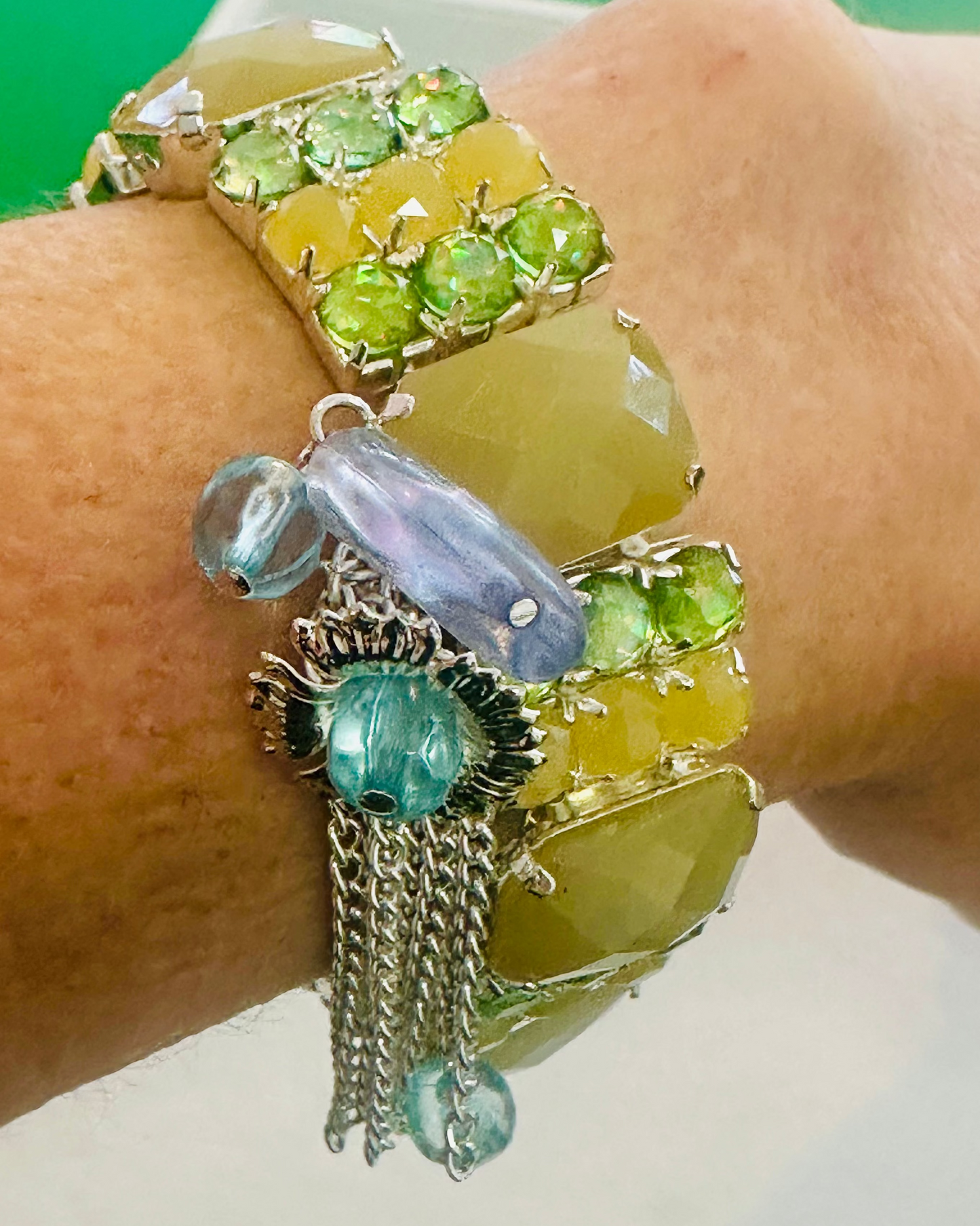 Vintage Multi-Stone Cuff Bracelet with Silver Fringe