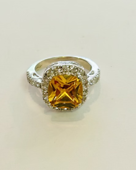 Mid-Century Glamour Canary Cushion Halo Ring