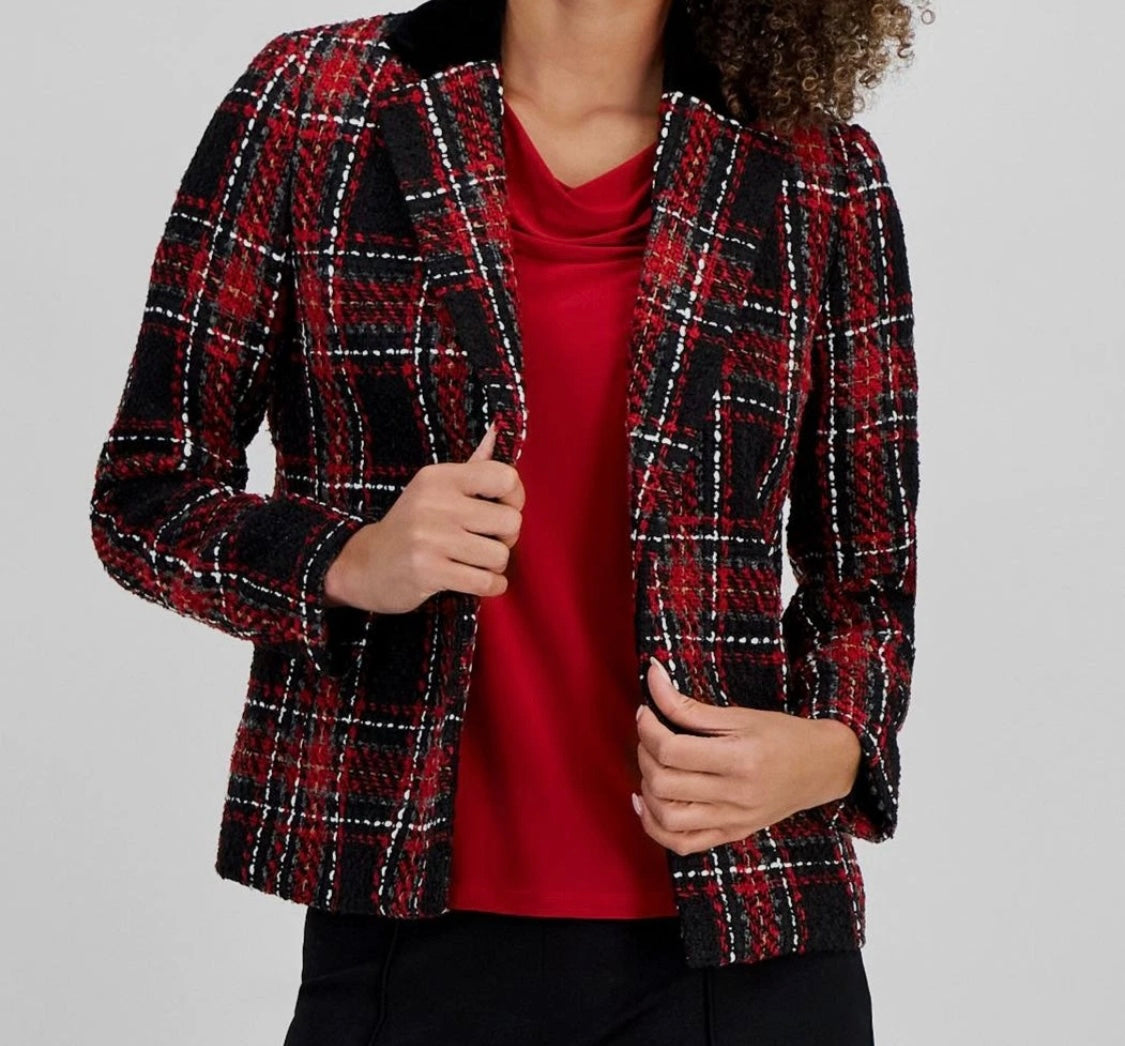 Kasper Women's Black Red Plaid Tweed Blazer Jacket