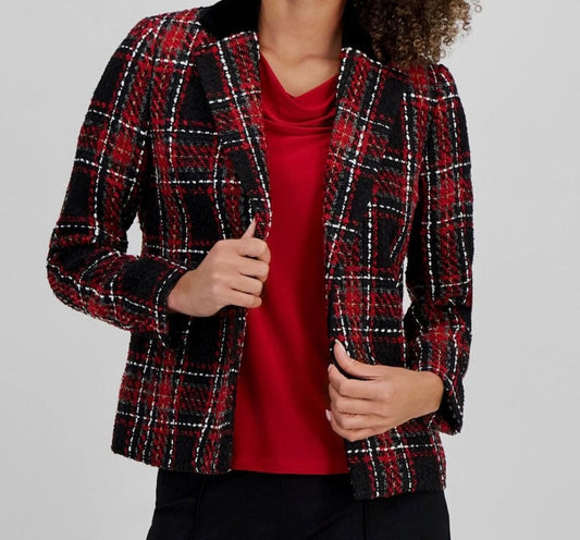 Kasper Women's Black Red Plaid Tweed Blazer Jacket