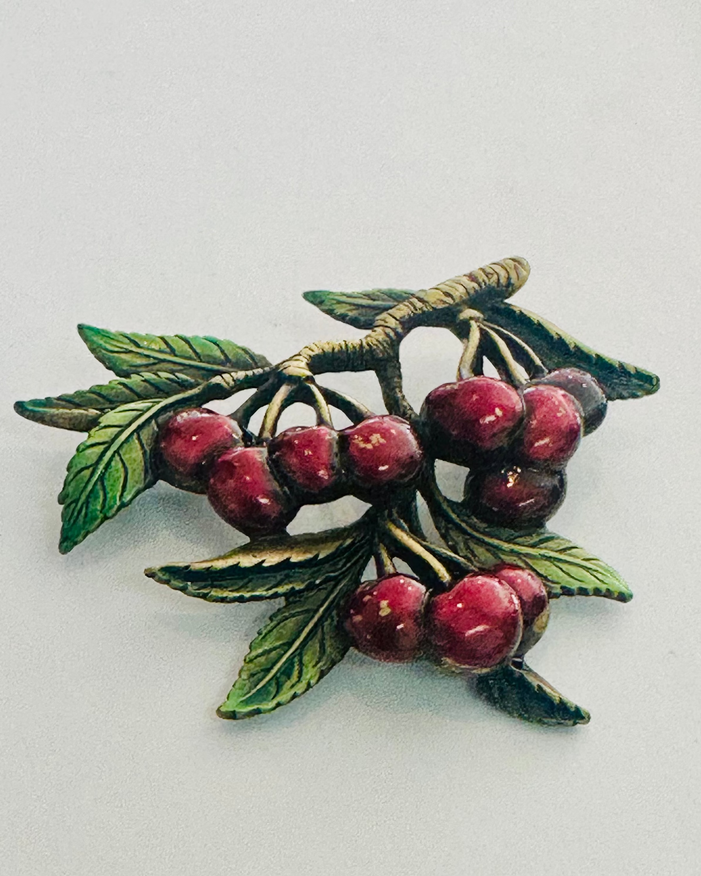 Vintage JJ Jonette Jewelry Enameled Cherry Branch Brooch