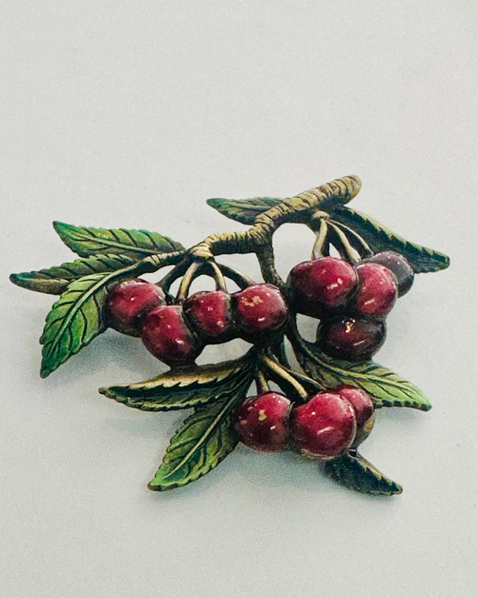 Vintage JJ Jonette Jewelry Enameled Cherry Branch Brooch