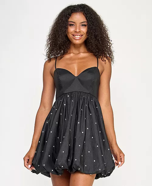 Juniors' Rhinestone-Trim Taffeta Bubble Dress
