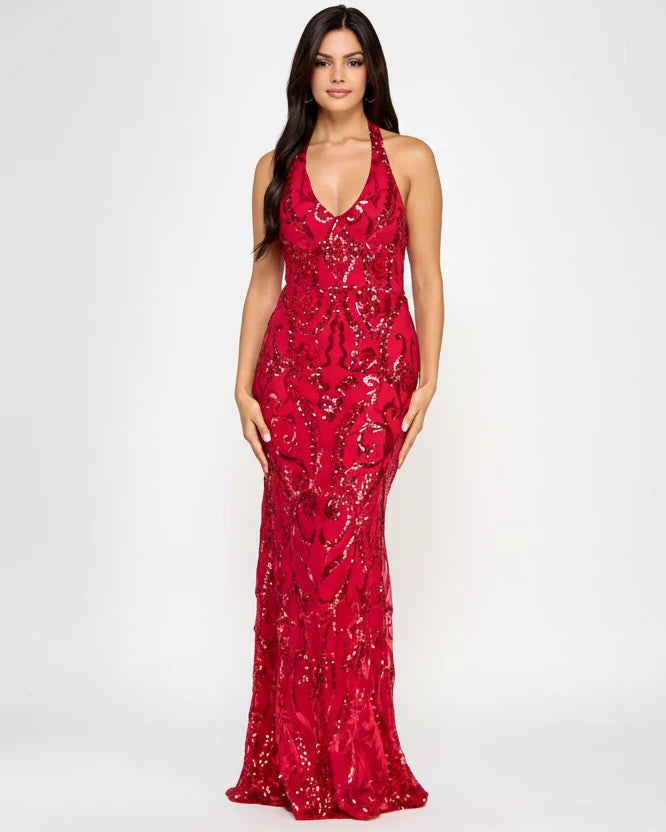 B Darlin Juniors' Sequined Halter-Neck Evening Gown