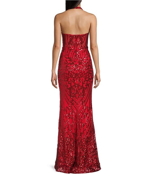 B Darlin Juniors' Sequined Halter-Neck Evening Gown