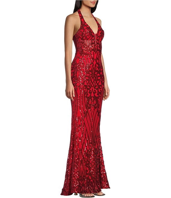 B Darlin Juniors' Sequined Halter-Neck Evening Gown