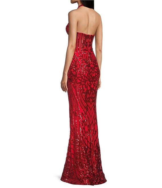 B Darlin Juniors' Sequined Halter-Neck Evening Gown