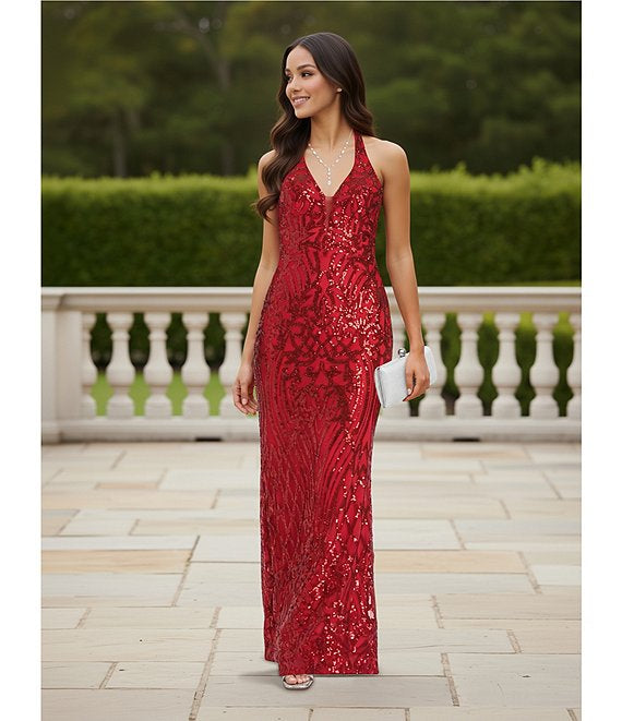B Darlin Juniors' Sequined Halter-Neck Evening Gown