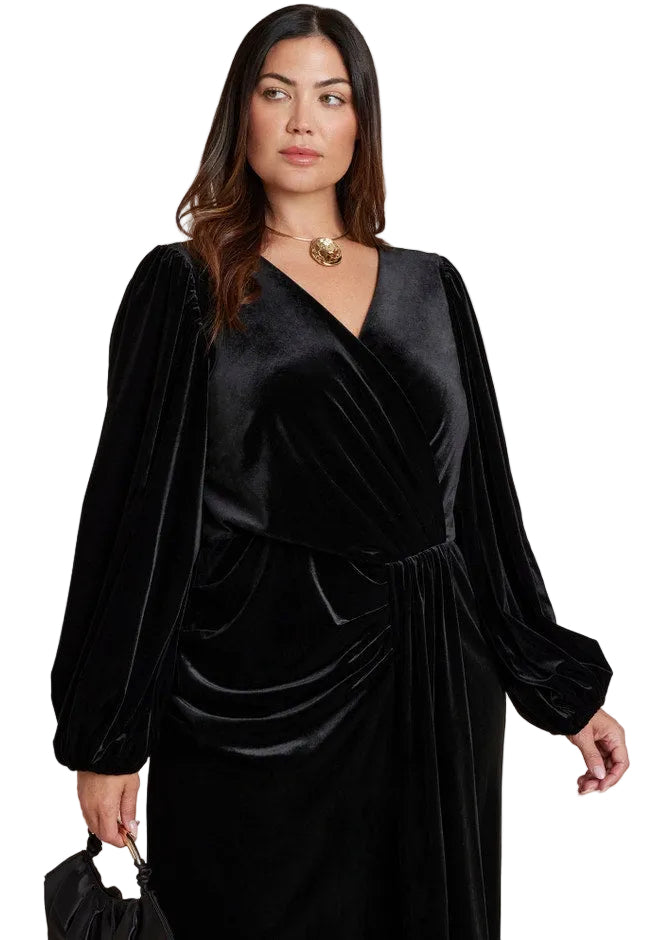 Velvet Puff Sleeve Pleated Dress