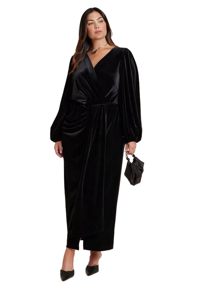 Velvet Puff Sleeve Pleated Dress