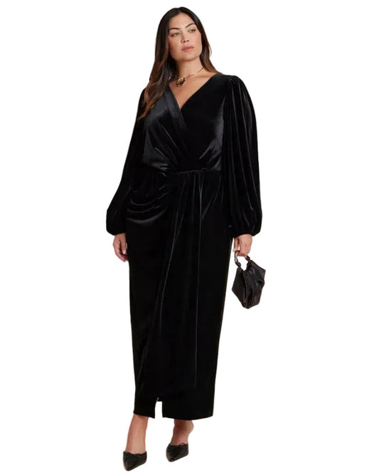 Velvet Puff Sleeve Pleated Dress