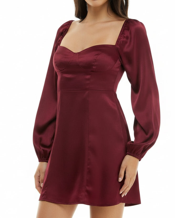 B. Darlin Satin Long Sleeve Tie Waist Mini Dress