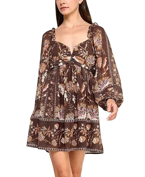 Juniors' Long Sleeve Brown Floral Dress