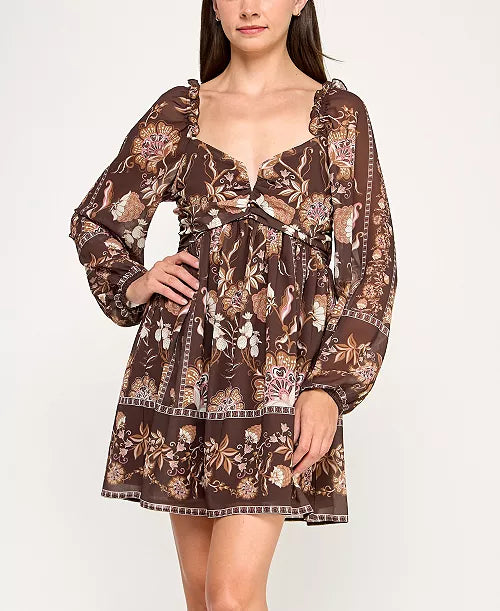Juniors' Long Sleeve Brown Floral Dress