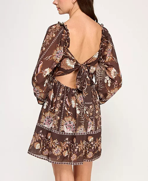 Juniors' Long Sleeve Brown Floral Dress