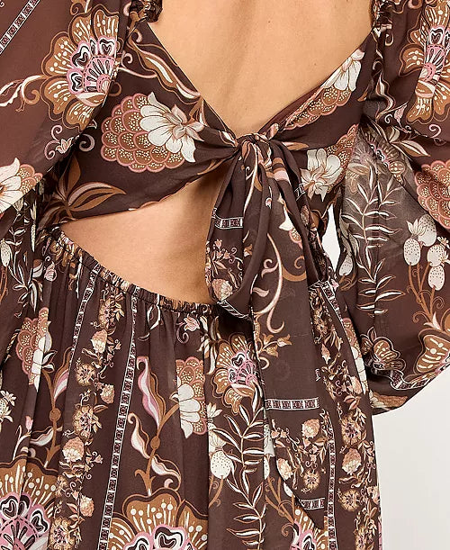 Juniors' Long Sleeve Brown Floral Dress