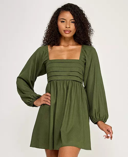 Women's Pleated Tie Back Long-Sleeve Baby Doll Dress