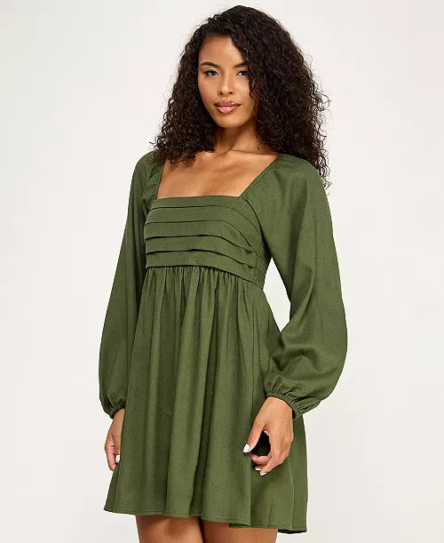 Women's Pleated Tie Back Long-Sleeve Baby Doll Dress