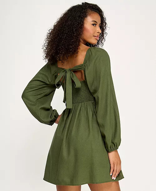 Women's Pleated Tie Back Long-Sleeve Baby Doll Dress