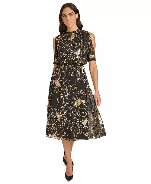 Women's Black Metallic Cold-Shoulder A-Line Dress