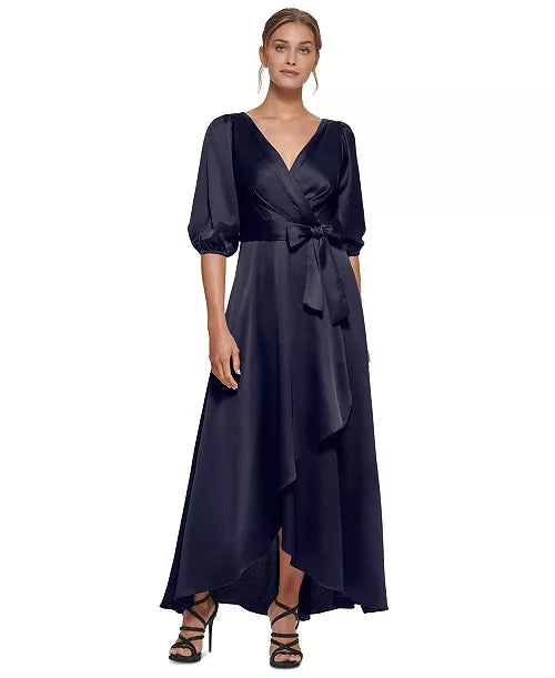DKNY Balloon-Sleeve Faux-Wrap Gown