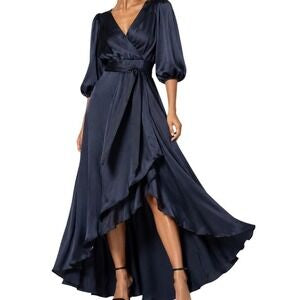 DKNY Balloon-Sleeve Faux-Wrap Gown