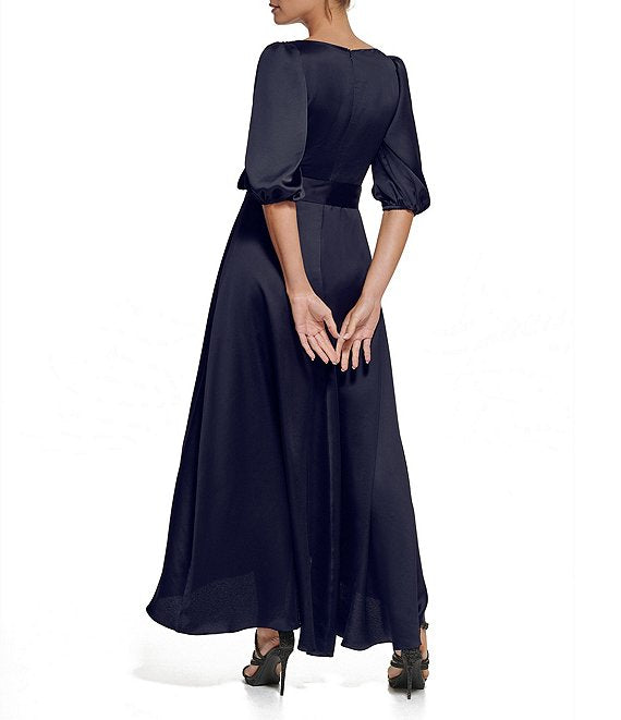 DKNY Balloon-Sleeve Faux-Wrap Gown