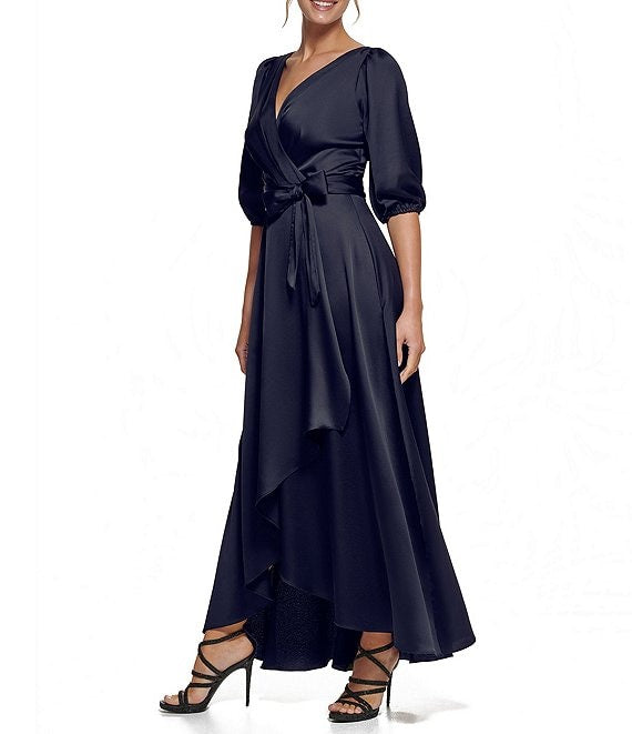 DKNY Balloon-Sleeve Faux-Wrap Gown