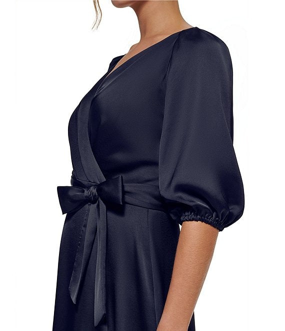 DKNY Balloon-Sleeve Faux-Wrap Gown